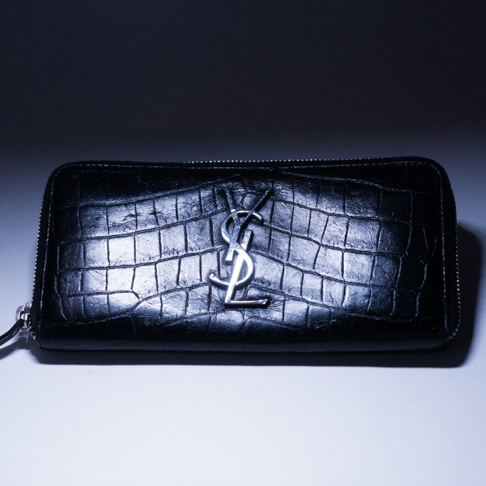 Saint Laurent Croc Embossed Cassandre Long Wallet